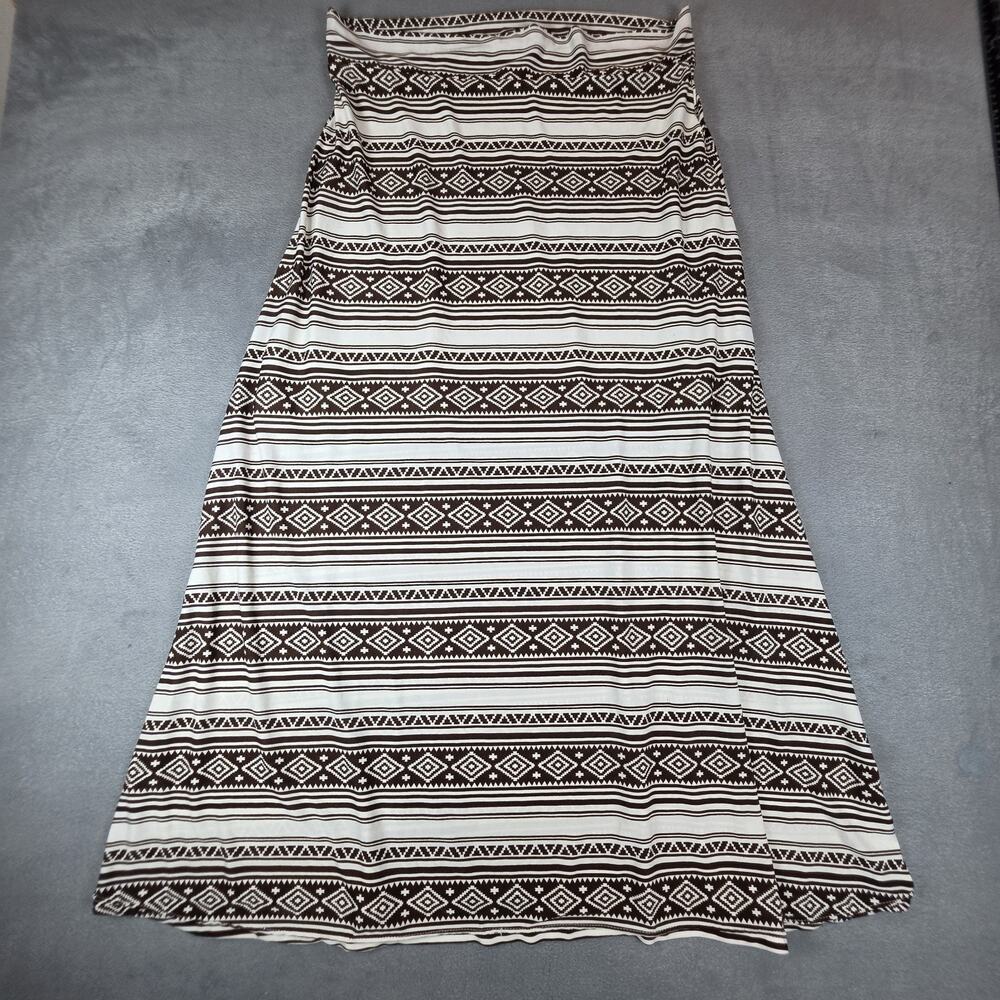 Ex-Couture Womens 2X Brown White Aztec Tribal Maxi Skirt Boho Stretch Long